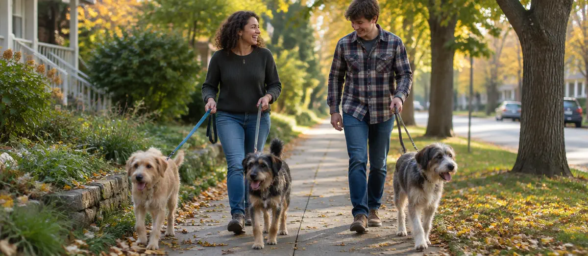 Two volunteers laughing as they walk three rescue dogs down a leafy street